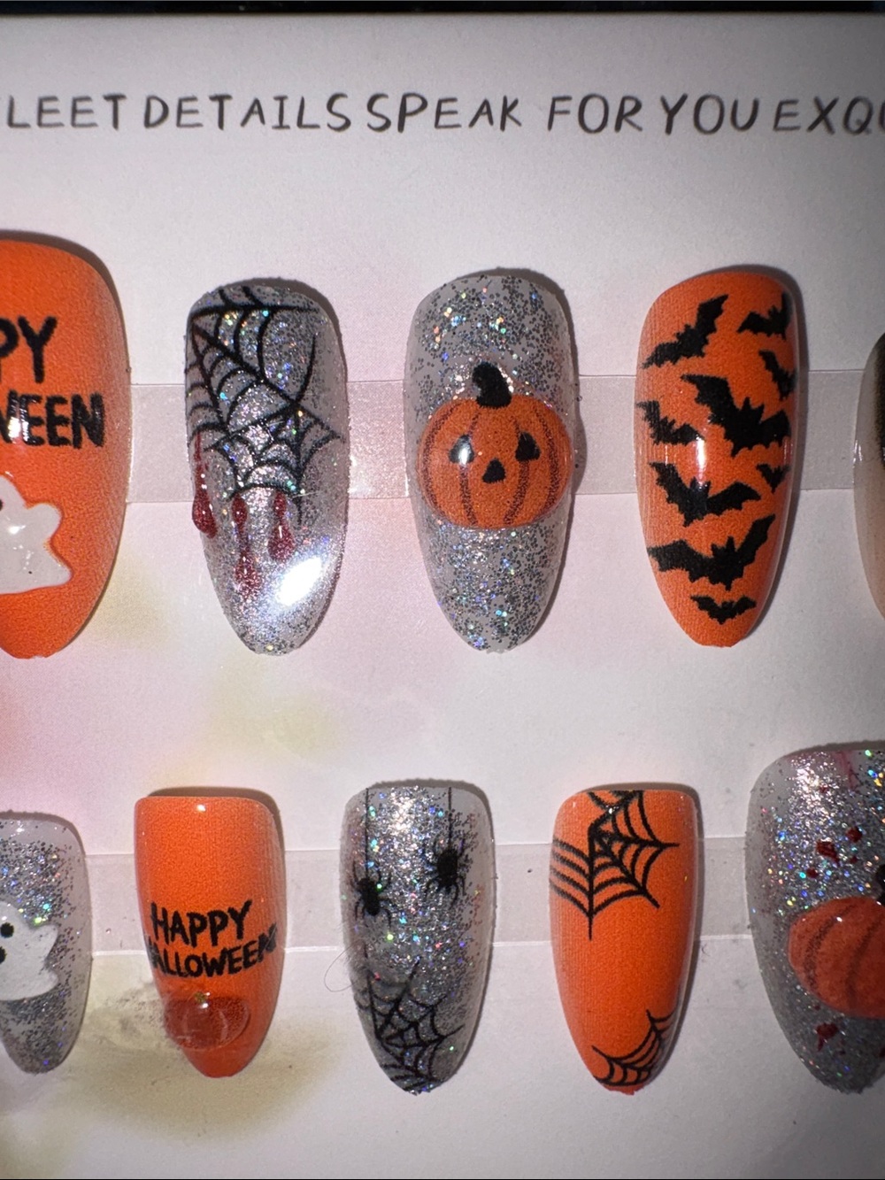 Halloween Orange & Silver Press-On Nail Set with Pumpkin and Spiderweb Designs